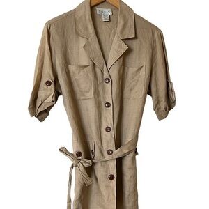 JORDAN 100% Linen Tie Waist 4-Pocket Short Sleeve Safari Shirt, Natural / Tan